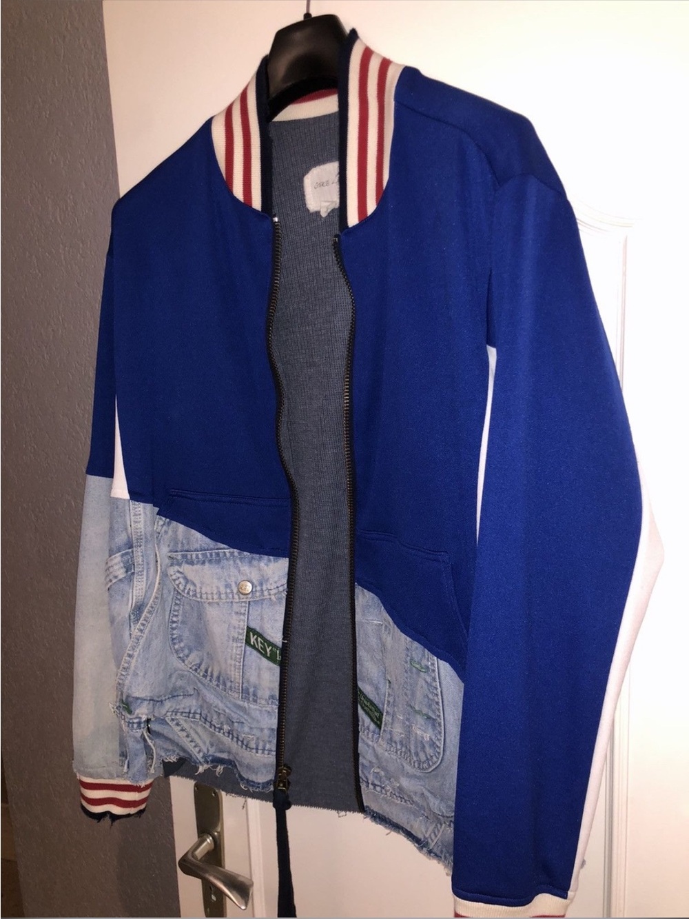 Greg Lauren Blue Mixed-Media Jean and Knit Bomber Jacket